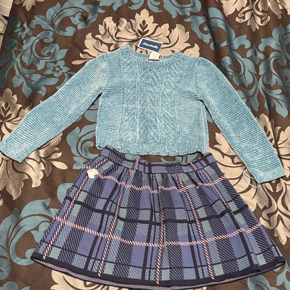 Teal Chenille Sweater with Navy & Purple Plaid Skirt
